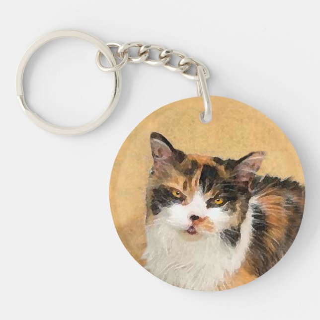 Calico Cat Painting - Niedliche Original Cat Art Schlüsselanhänger (Vorderseite)