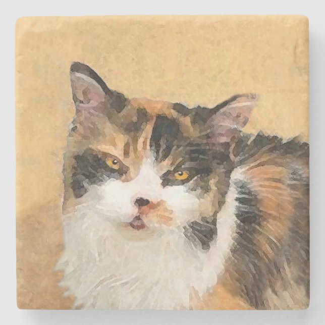 Calico Cat Painting - Niedliche Original Cat Art Steinuntersetzer (Vorderseite)