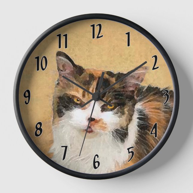 Calico Cat Painting - Niedliche Original Cat Art Uhr (Vorderseite)