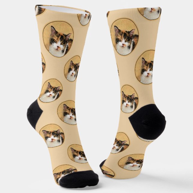 Calico Cat Portrait Malerei Niedliche Kunst Socken (Gewinkelt)