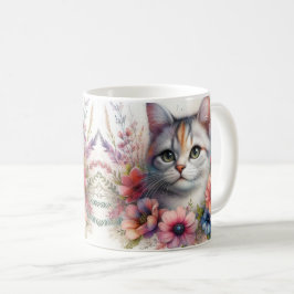 Calico Cat Portrait mit Blume Kaffeetasse