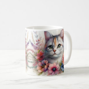 Calico Cat Portrait mit Blume Kaffeetasse