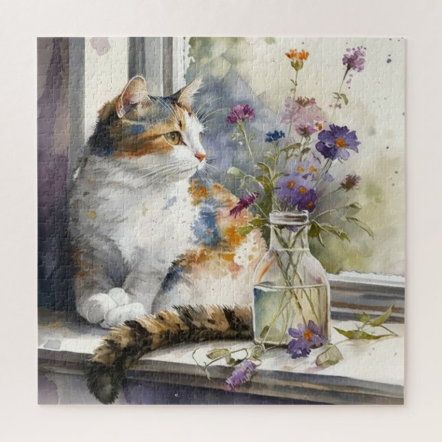 Calico Cat Purple Flowers (Vertikal)