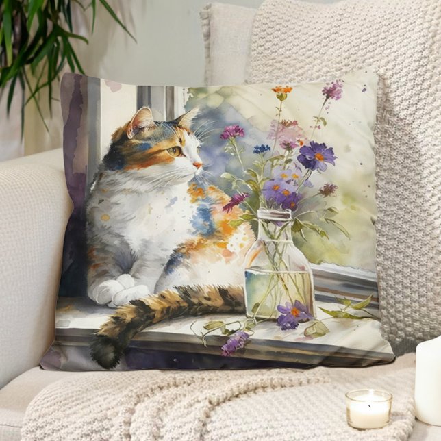 Calico Cat Purple Flowers Kissen (Pillow with a watercolor painting of a cat sitting in a window.)