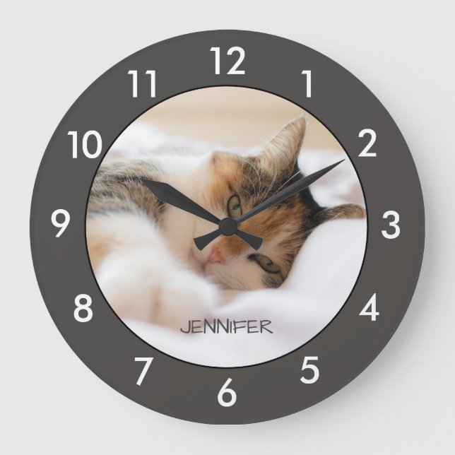 Calico Cat Resting Custom Large Clock Große Wanduhr (Vorderseite)