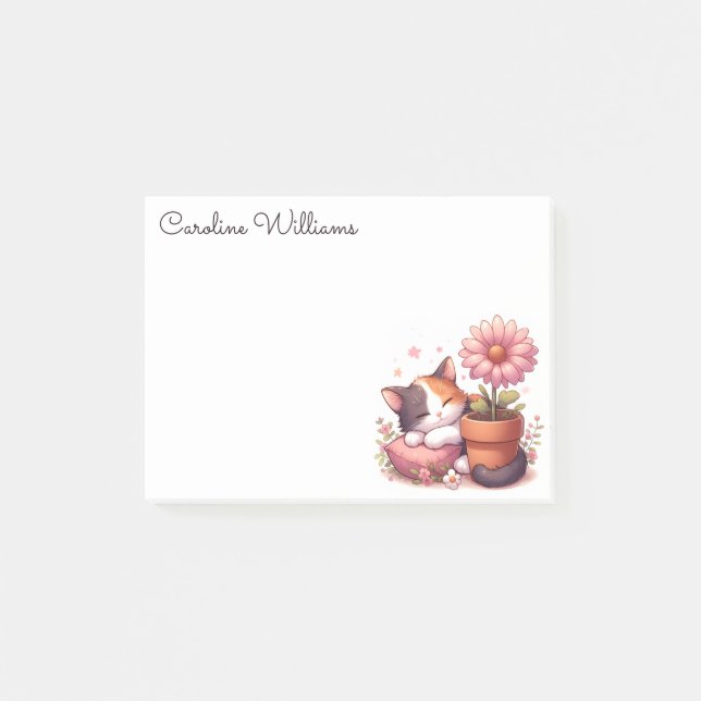 Calico Cat Schlafen Kitten mit rosa Daisy Post-it Klebezettel (Vorderseite)
