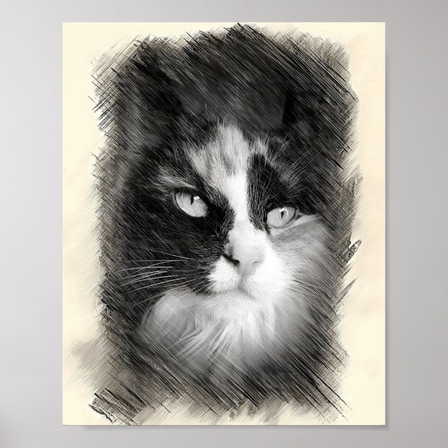 Calico Cat Sketch Art - Feline Portrait Drawing Poster (Vorne)