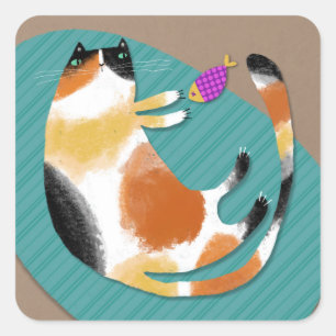 Calico Cat & Spielzeug Quadratischer Aufkleber