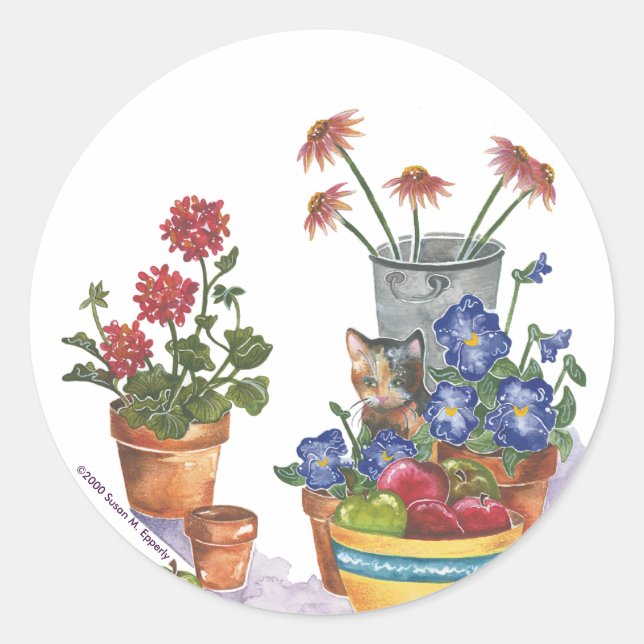 Calico Cat Stiefmütterchen Äpfel Wasserfarbe "Palo Runder Aufkleber (Vorderseite)