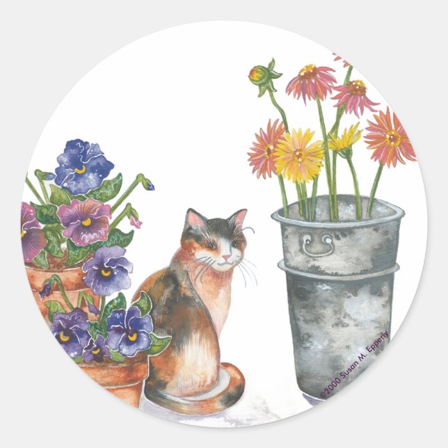 Calico Cat Stiefmütterchen Daisies Wasserfarbe "Do Runder Aufkleber (Vorderseite)