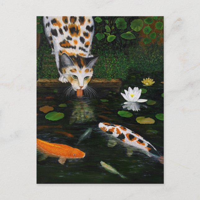 Calico Cat und Koi Fish Postkarte (Vorderseite)