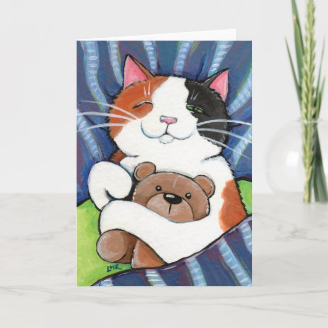 Calico Cat und Teddy Bear | Cat Art Grußkarte Karte (Vorderseite)