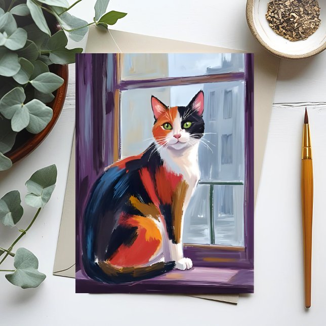 Calico Cat | Watercolor Windowsill Pet Postkarte (Von Creator hochgeladen)