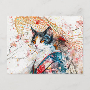 Calico Geisha Katze mit rotem Schirm in chinesisch Postkarte