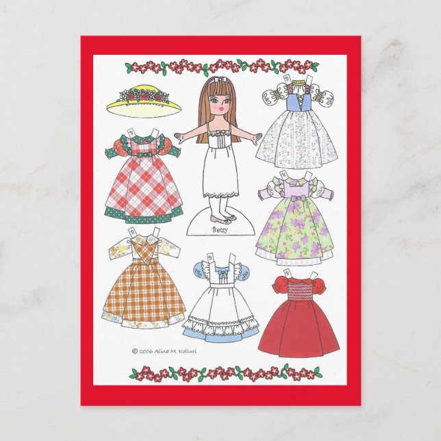Calico Girl Betsy altmodische Papierpuppe Postkarte (Vorderseite)