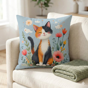 Calico Katze im blühenden Garten lächeln Kissen