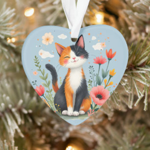 Calico Katze im blühenden Garten lächeln Ornament