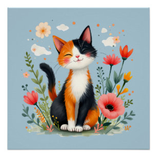 Calico Katze im blühenden Garten lächeln Poster
