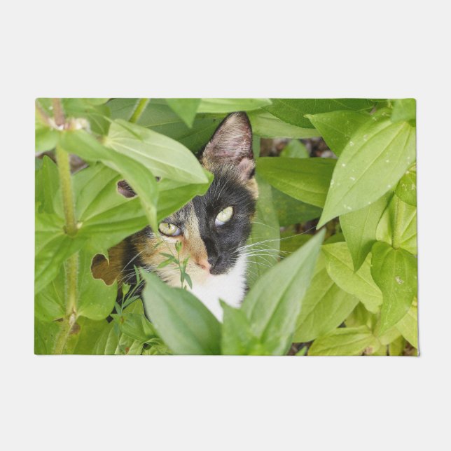 Calico Katze in den Zinnien Fußmatte (Vorderseite)