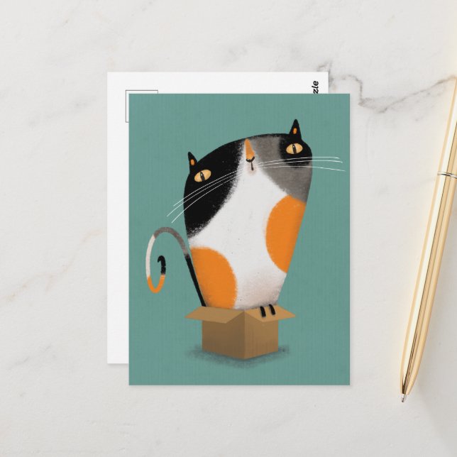 Calico-Katze in Kiste Postkarte (Vorderseite/Rückseite Beispiel)