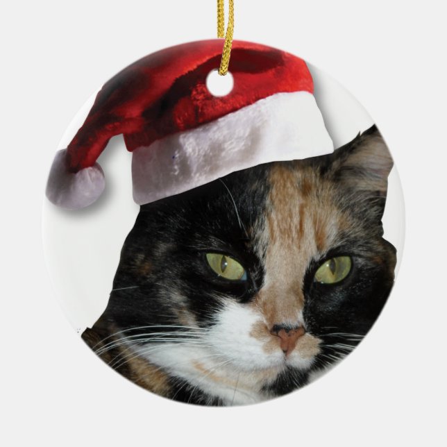 Calico Katze mit einem Santa Claus Hat Keramik Ornament (Vorne)