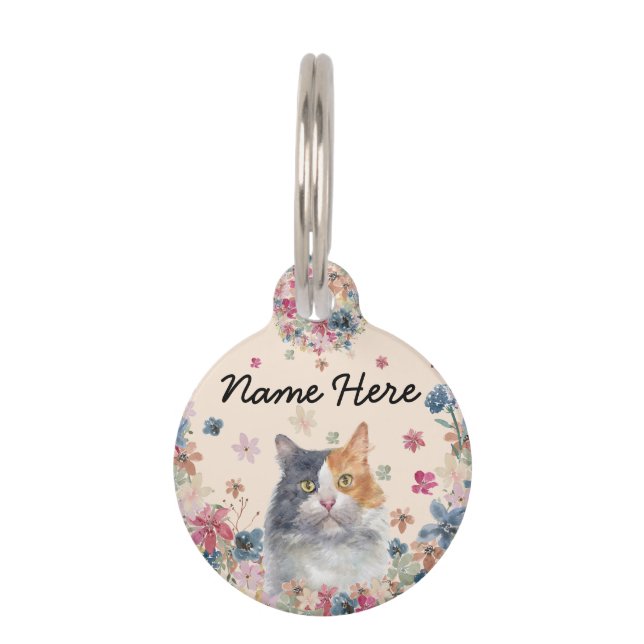 Calico Katze mit trifarbigem Fell Blumenkreis Haustiermarke (Vorderseite)