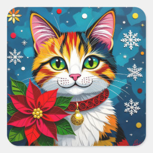 Calico-Katze, Weihnachtssterne und Schneeflocken W Quadratischer Aufkleber