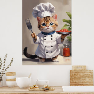 Calico Kitten Koch mit Gabel Niedlich Backen Poster