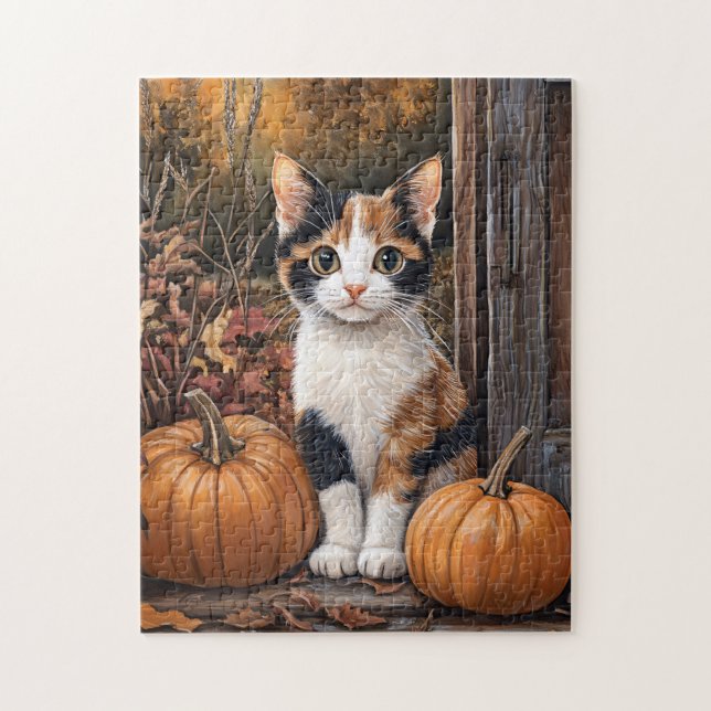 Calico Kitten sitzt unter Herbstlauben (Vertikal)