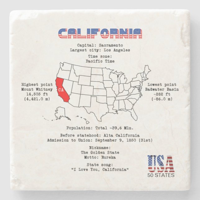 California American Staat auf der Karte und nützli Steinuntersetzer (Vorderseite)