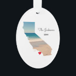 California Beach Trip Foto Oval Ornament<br><div class="desc">Fügen Sie Ihr eigenes Foto über die Kartenform des Staat von Kalifornien hinzu. Wenn man die Form Kaliforniens berücksichtigt, versucht man sicherzustellen, dass das Gesicht eines Menschen sichtbar ist, kann man das Bild entmaschen, bewegen und verbergen, um die Position zu verfeinern. Mein Foto wurde während einer Reise zum Aquarium und...</div>