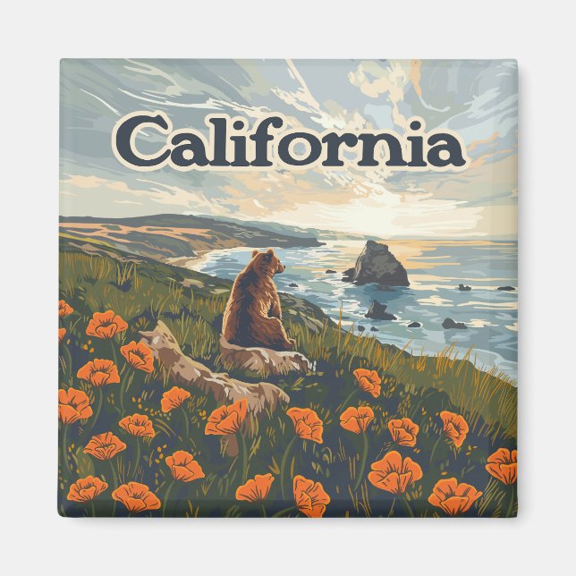 California Bear Poppies Blume Coast Retro Magnet (Vorne)