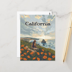 California Bear Poppies Blume Coast Retro Postkarte