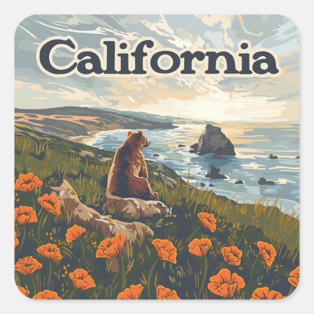 California Bear Poppies Blume Coast Retro Quadratischer Aufkleber (Vorderseite)