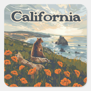 California Bear Poppies Blume Coast Retro Quadratischer Aufkleber
