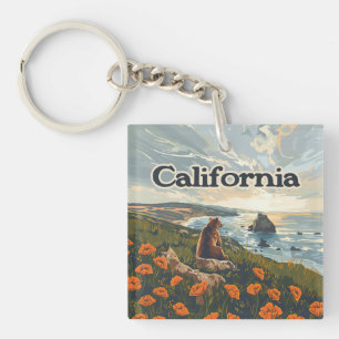 California Bear Poppies Blume Coast Retro Schlüsselanhänger