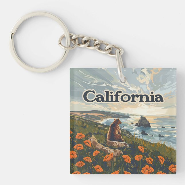 California Bear Poppies Blume Coast Retro Schlüsselanhänger (Vorderseite)