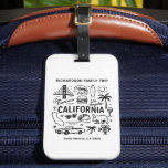 California Family Trip Custom Matching Gepäckanhänger<br><div class="desc">This black-and-white California doodle-style travel design showcases iconic symbols of the Golden State including the Golden Gate Bridge, surf waves, palm trees, tacos, and road-trip elements. Personalize the text with your family name, travel destination and year to create a unique souvenir for a California vacation, family trip, reunion, or group...</div>