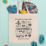 California Family Trip Custom Matching Tragetasche<br><div class="desc">This black-and-white California doodle-style travel design showcases iconic symbols of the Golden State including the Golden Gate Bridge, surf waves, palm trees, tacos, and road-trip elements. Personalize the text with your family name, travel destination and year to create a unique souvenir for a California vacation, family trip, reunion, or group...</div>