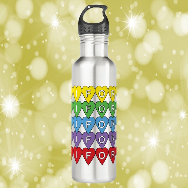 California Hearful Edelstahlflasche (A water bottle with the word California in yellow, green, blue, purple and red hearts.)