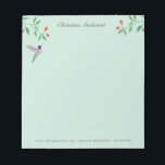 California Hummingbird  Notizblock<br><div class="desc">Unique notepad featuring a hand-painted Anna's Hummingbird and flowery branches on a pale blue background. Anna's Hummingbird can be found year-round resident in California,  breeding in winter and nesting during the rainy season in gardens and parks to chaparral,  frequenting feeders and native plants.</div>