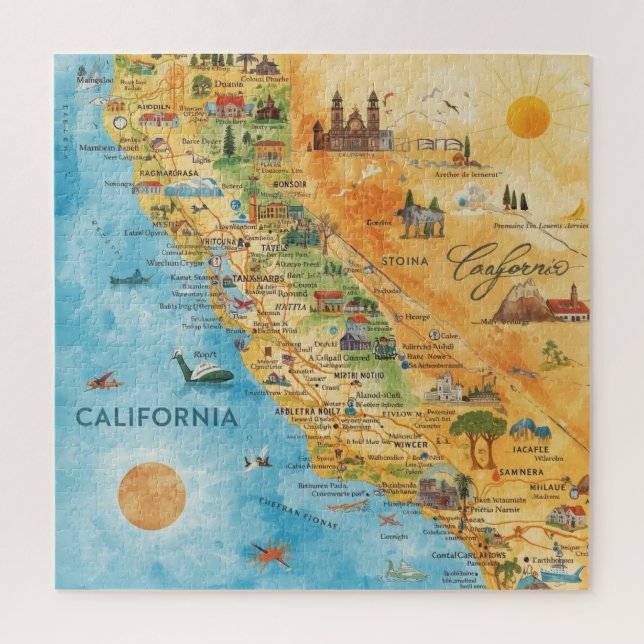 California Illustrated Watercolor Map Art (Vertikal)