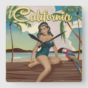California Model Retro Reiseplakat Quadratische Wanduhr