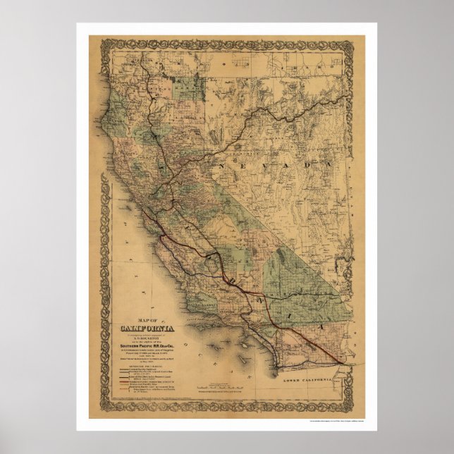 California & Nevada Eisenbahnkarte 1876 Poster (Vorne)