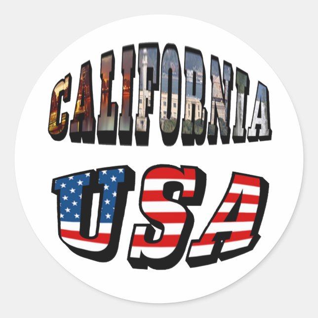 California Picture and USA Flag Text Runder Aufkleber (Vorderseite)