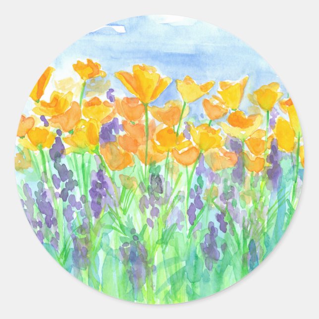California Poppies Lila Lupines Wildblumen Runder Aufkleber (Vorderseite)