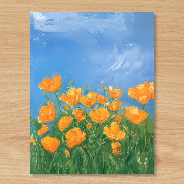 California Poppy Field Sky Impressionist Malerei Postkarte (Beautiful bright and happy oil painting style postcard of orange poppies in a field in California. )