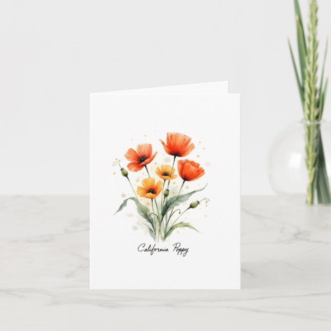California Poppy Floral Blank Note Card (Devant)