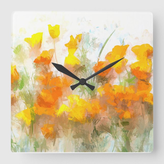 California Poppy Impressionistic Art Quadratische Wanduhr (Vorderseite)
