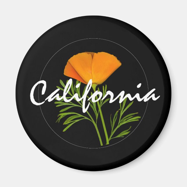 California Poppy on Black mit "California"-Text Magnet (Vorne)